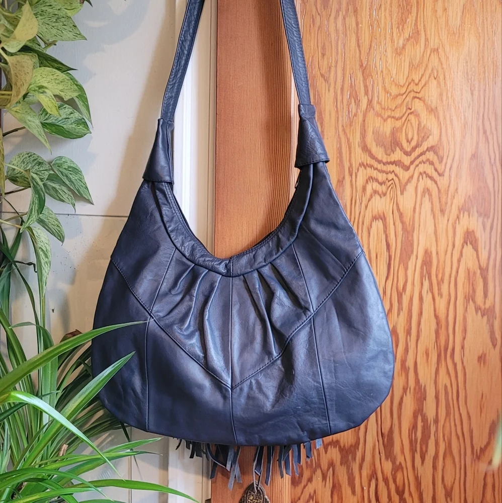 Vintage Blue Leather Fringe Shoulder Bag - Picture 7 of 14